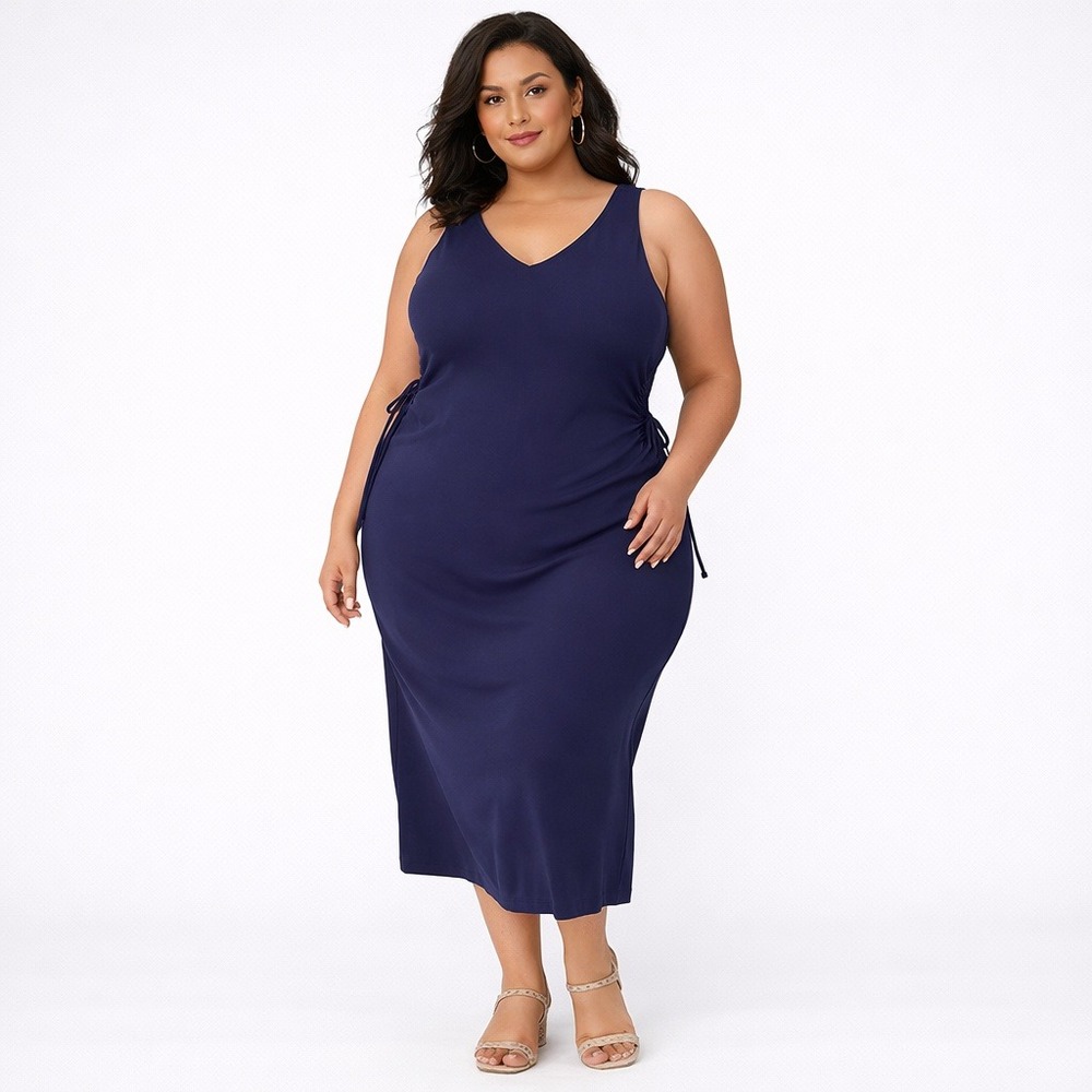 Lane Bryant Midi Dress 14/16 Navy Blue Ruched‎ V-Neck Cutout Matte Jersey NWT